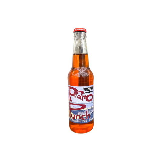 Real Soda San Pedro Punch 355ml glass bottle with retro-style label on a white background.