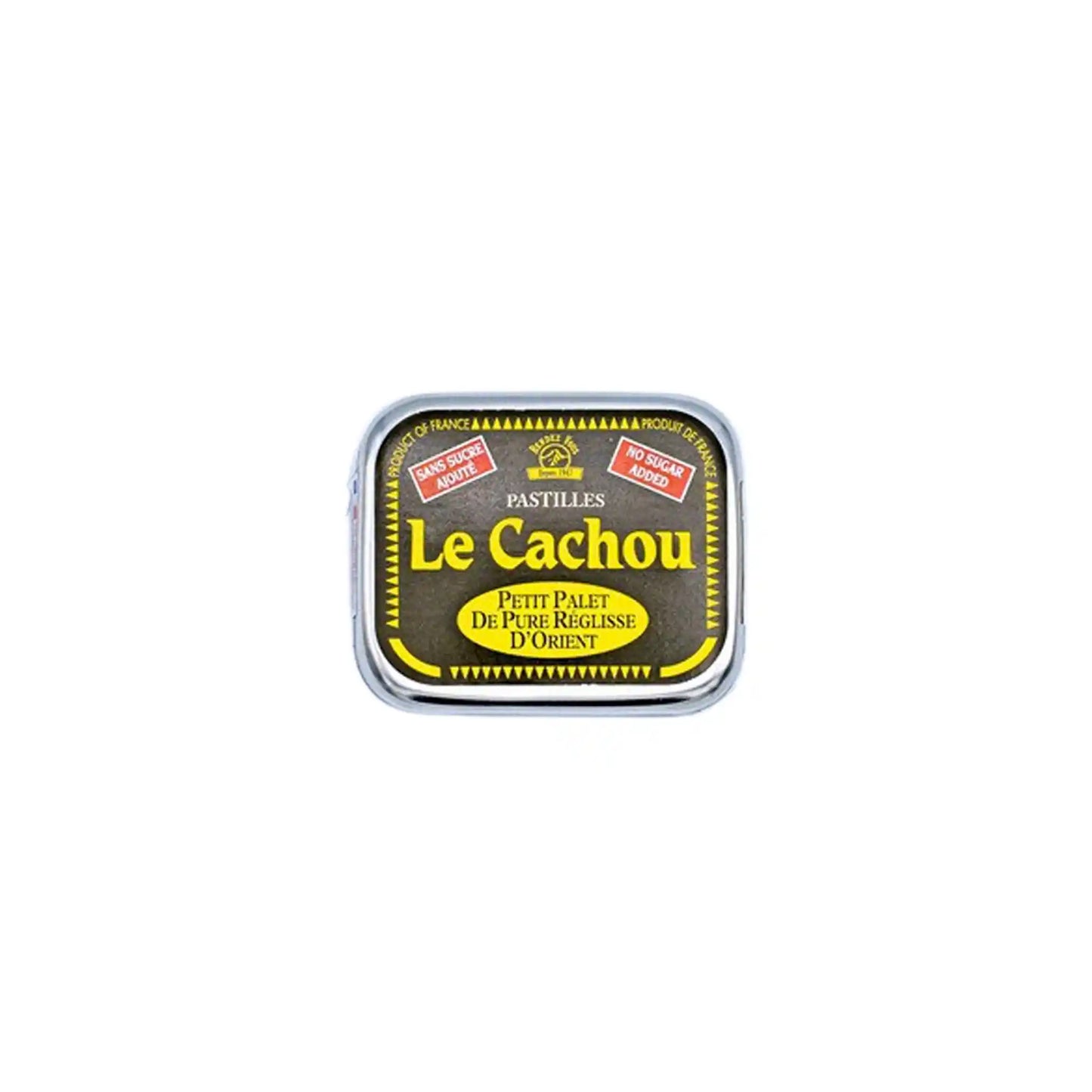 Rendez-vous Le Cachou sugar-free pure licorice pastilles in a small black and gold tin, 8g.