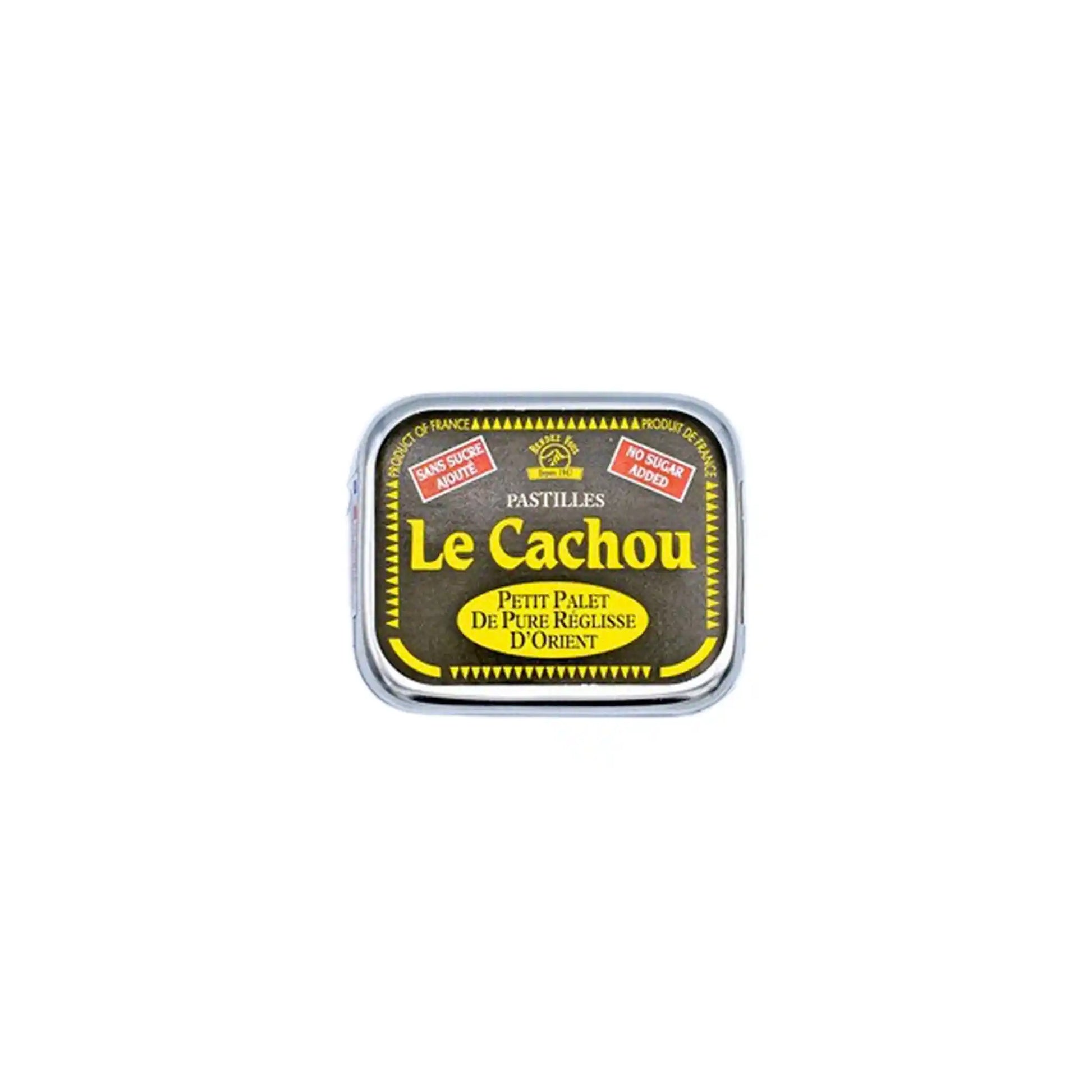 Rendez-vous Le Cachou sugar-free pure licorice pastilles in a small black and gold tin, 8g.