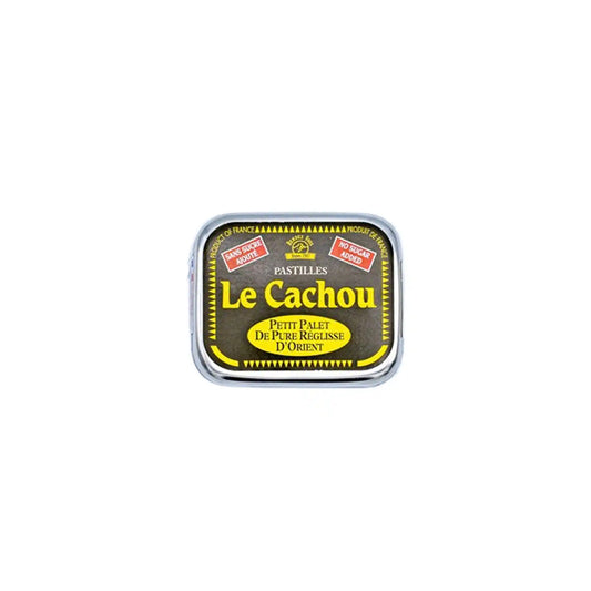 Rendez-vous Le Cachou sugar-free pure licorice pastilles in a small black and gold tin, 8g.