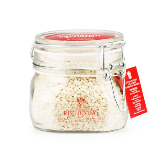 Riso Buono carnaroli risotto rice in a glass jar with red lid, 450g.