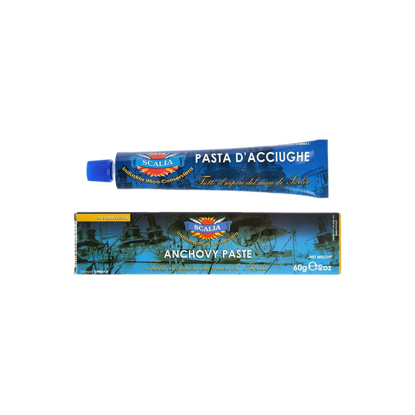 Scalia Sicilian anchovy paste in a 2oz blue tube showing both Italian and English packaging sides.
