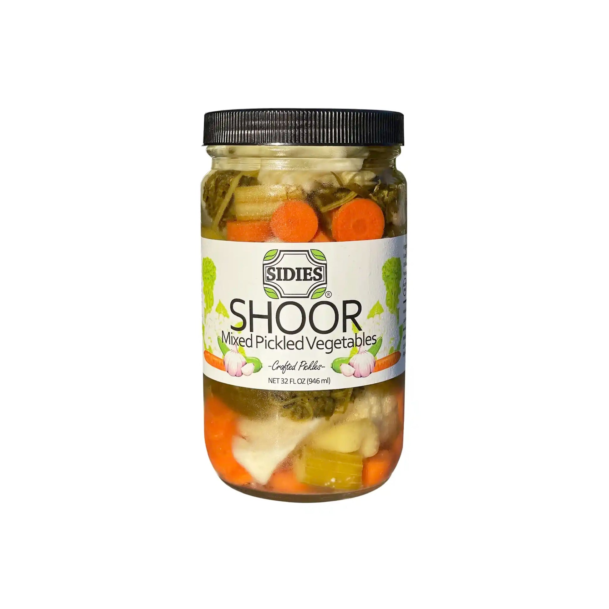 Sidies Shoor mixed pickled vegetables with carrots and cauliflower, 32oz glass jar.