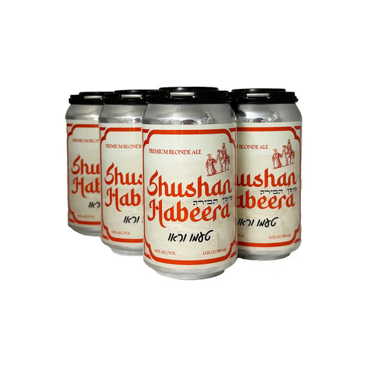 Shushan Habeera premium blonde ale 4-pack of 12oz cans with red and white vintage Hebrew-style labels.