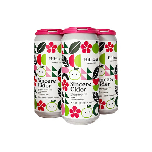 Sincere Cider hibiscus passion fruit hard cider 4-pack of 16oz cans with colorful floral and fruit artwork.
