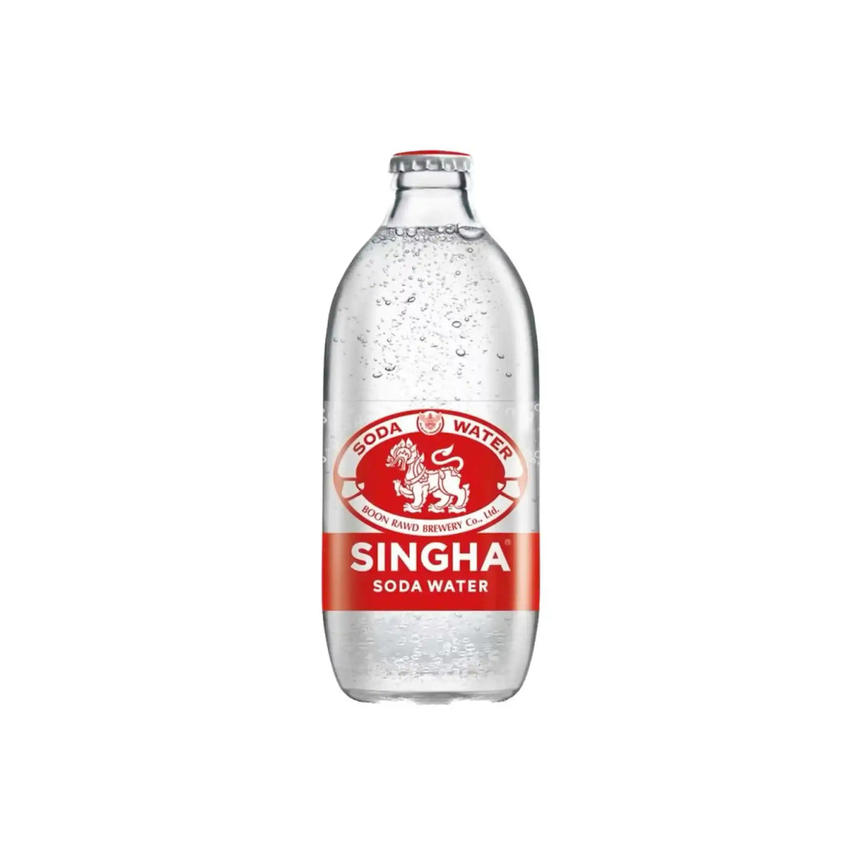 Singha Soda Water 325ml clear glass bottle with red and white label on a white background.