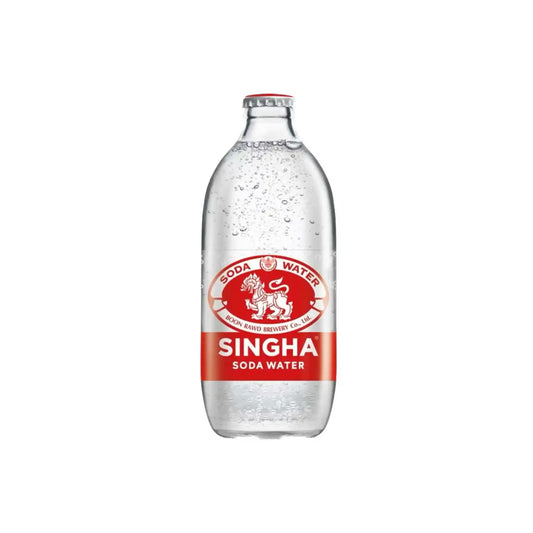 Singha Soda Water 325ml clear glass bottle with red and white label on a white background.