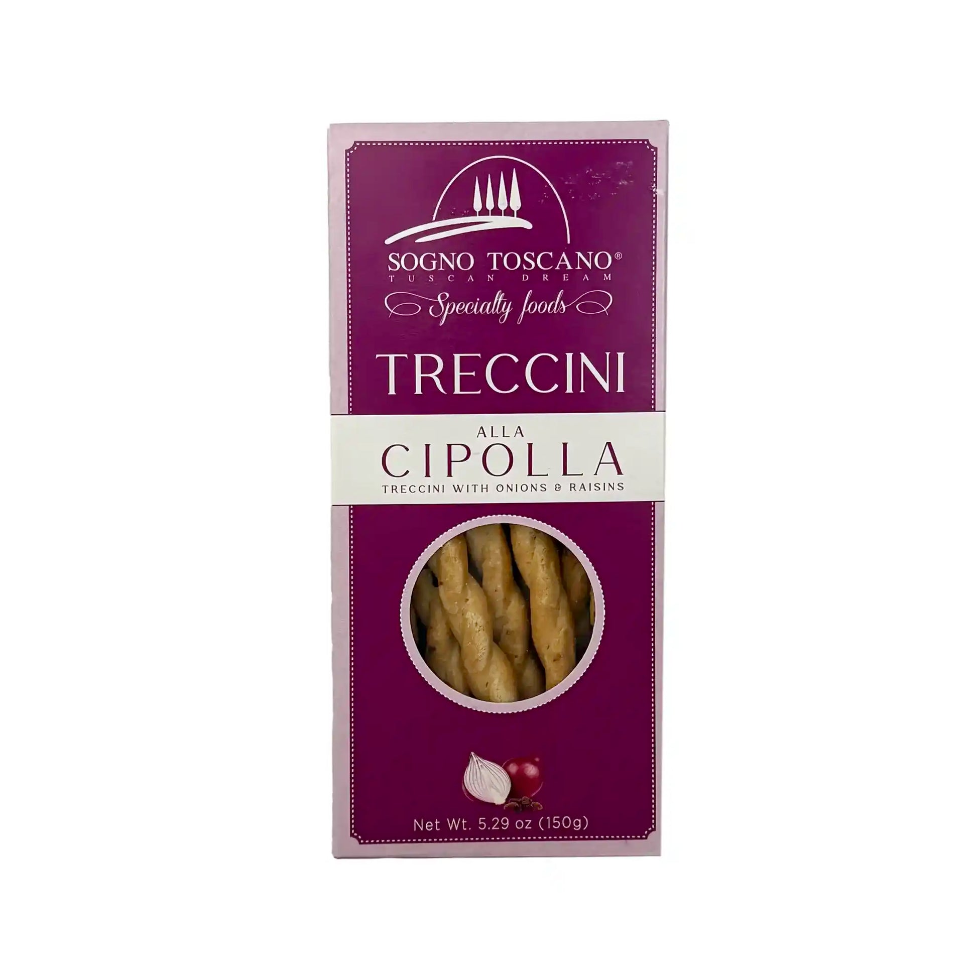 Sogno Toscano Treccini alla Cipolla Italian breadsticks with onions and raisins 150g in red packaging.