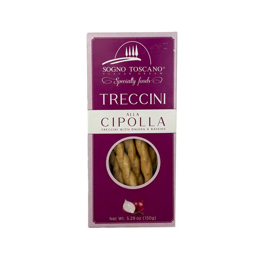 Sogno Toscano Treccini alla Cipolla Italian breadsticks with onions and raisins 150g in red packaging.