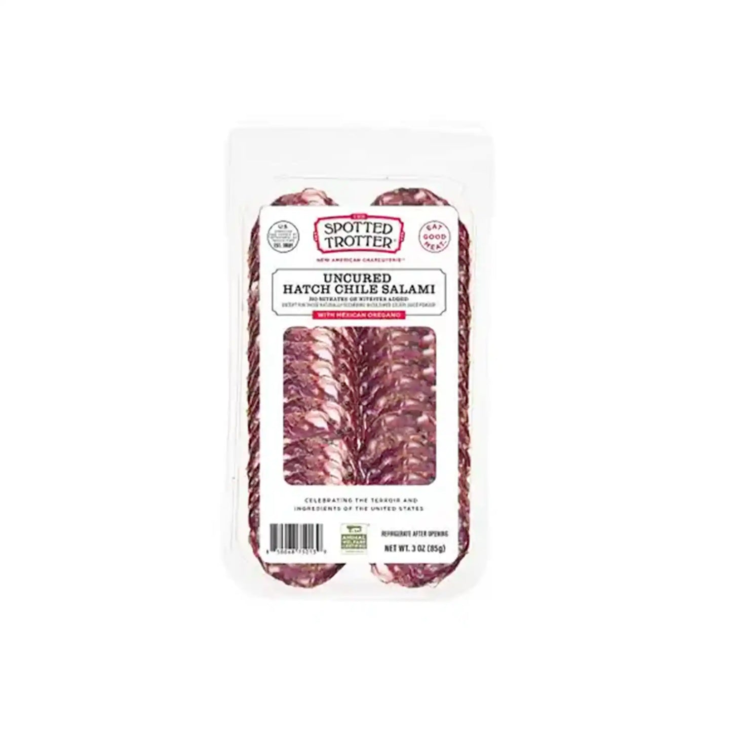 Spotted Trotter uncured Hatch chile salami with Mexican oregano, sliced, 3oz package.