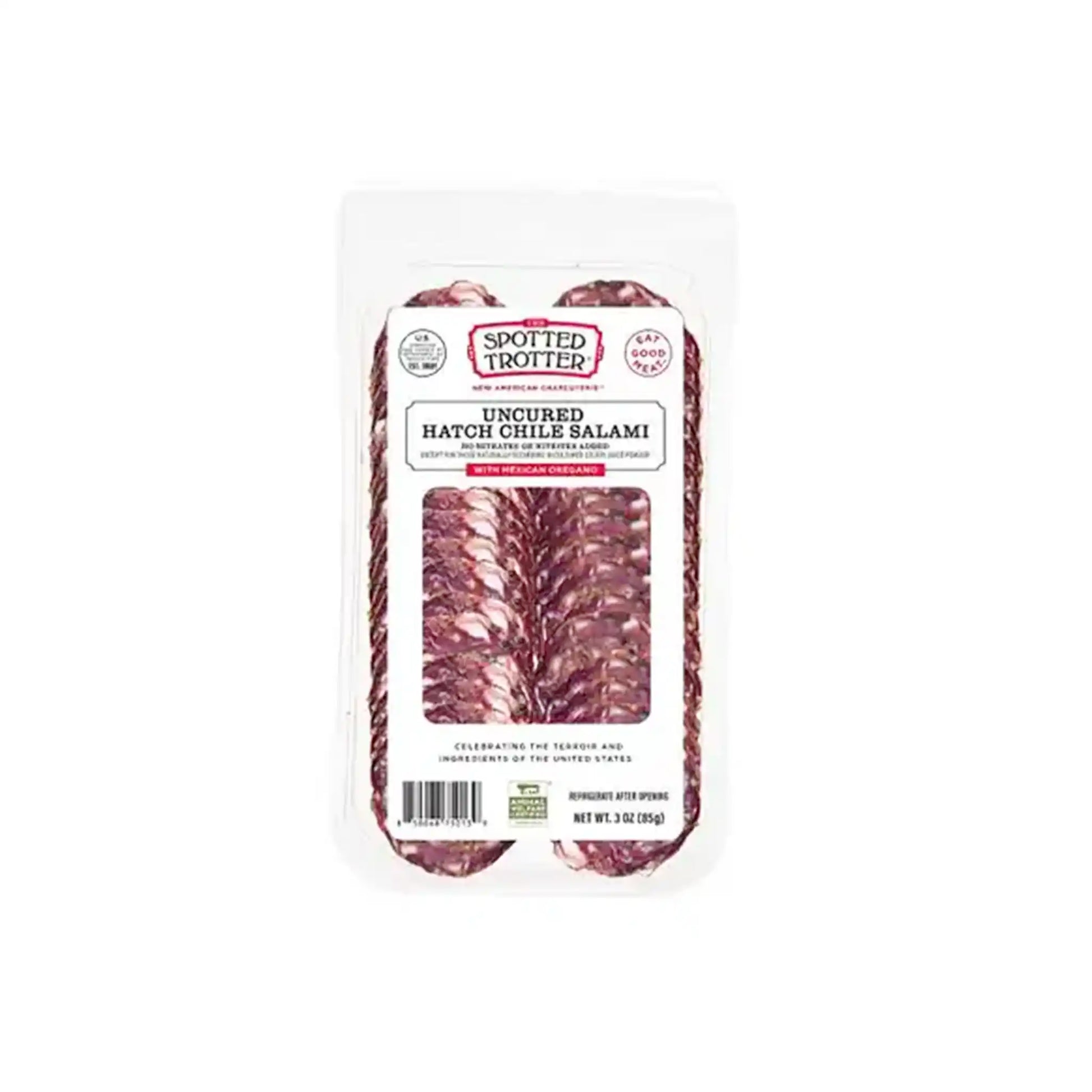 Spotted Trotter uncured Hatch chile salami with Mexican oregano, sliced, 3oz package.