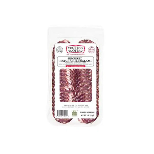 Spotted Trotter uncured Hatch chile salami with Mexican oregano, sliced, 3oz package.