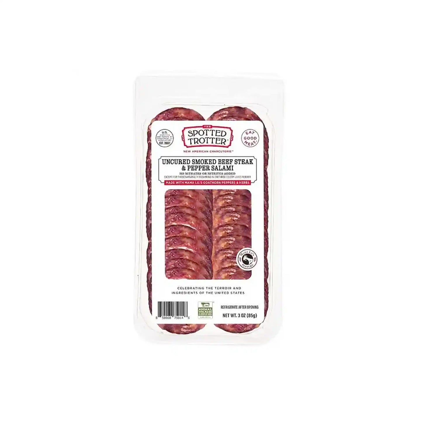 Spotted Trotter uncured smoked beef steak and pepper salami 3oz sliced in clear packaging.