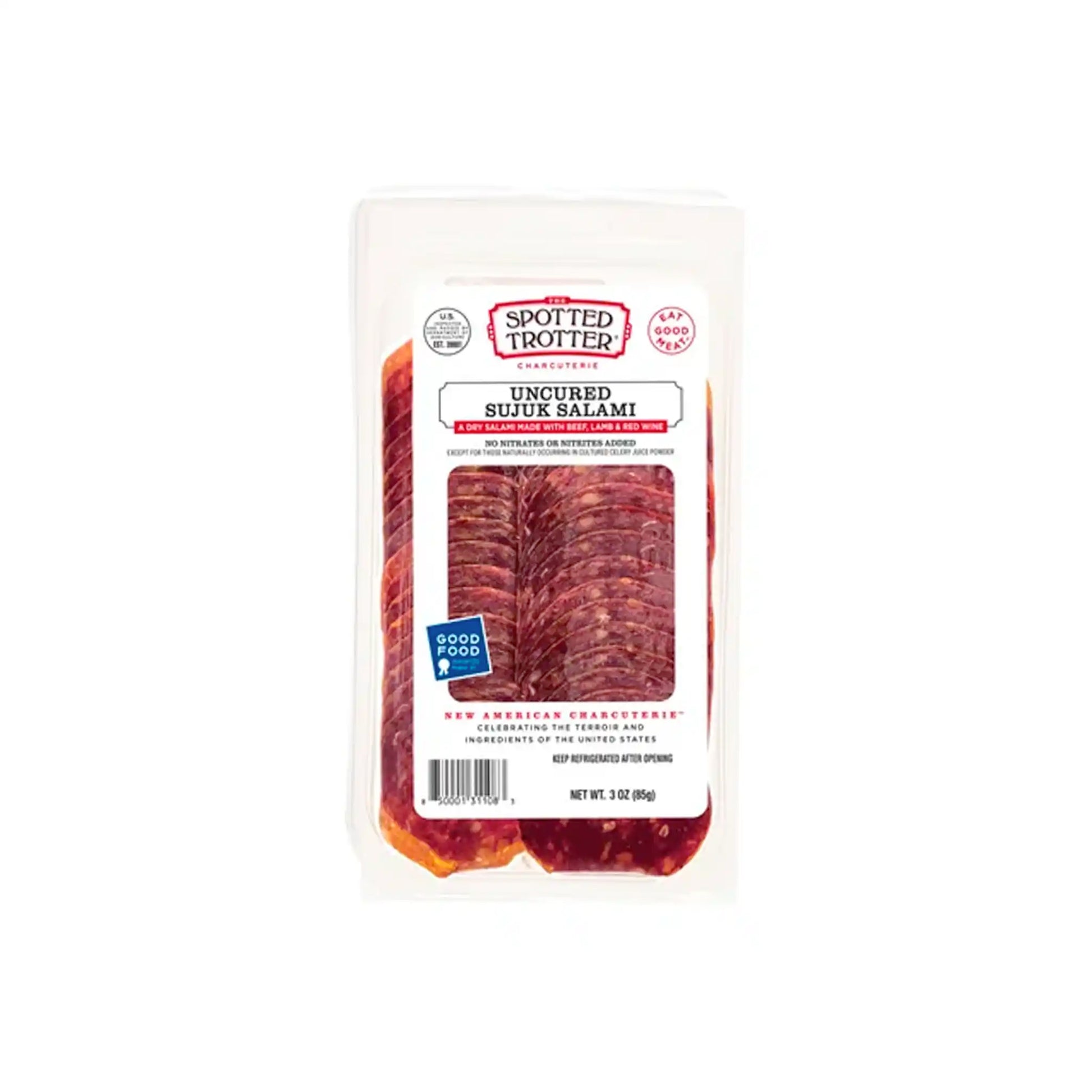 Spotted Trotter uncured sujuk salami 3oz sliced charcuterie in clear packaging.
