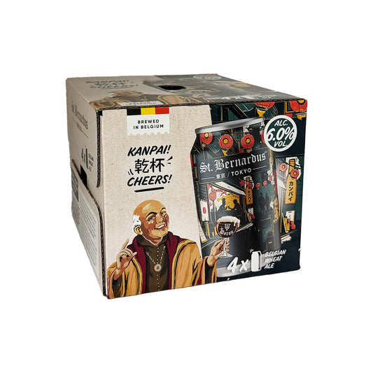 St. Bernardus Tokyo Belgian wheat ale 4-pack of 330ml cans with Japanese-inspired artwork, 6% ABV.