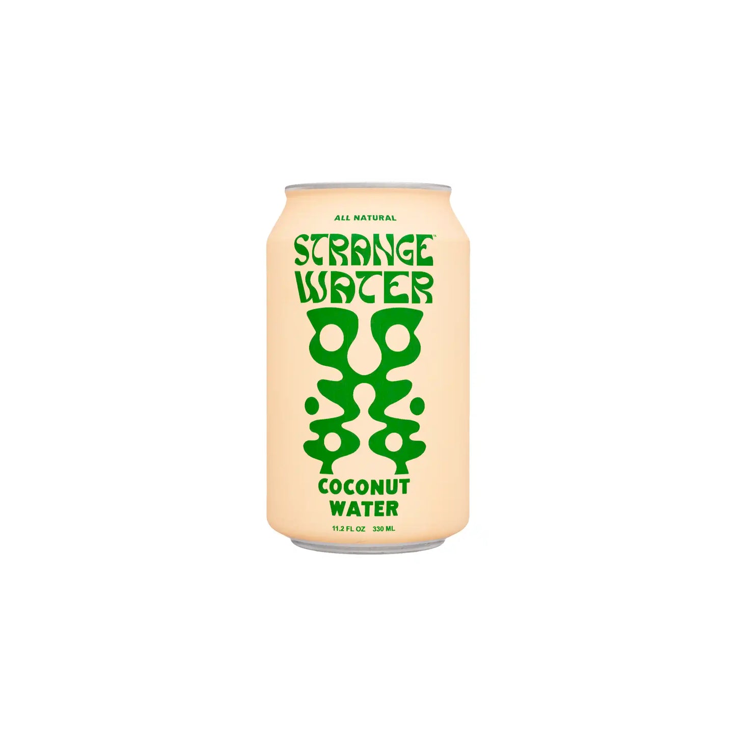 Strange Water all-natural still coconut water in a beige can with bold green graphics, 330ml.