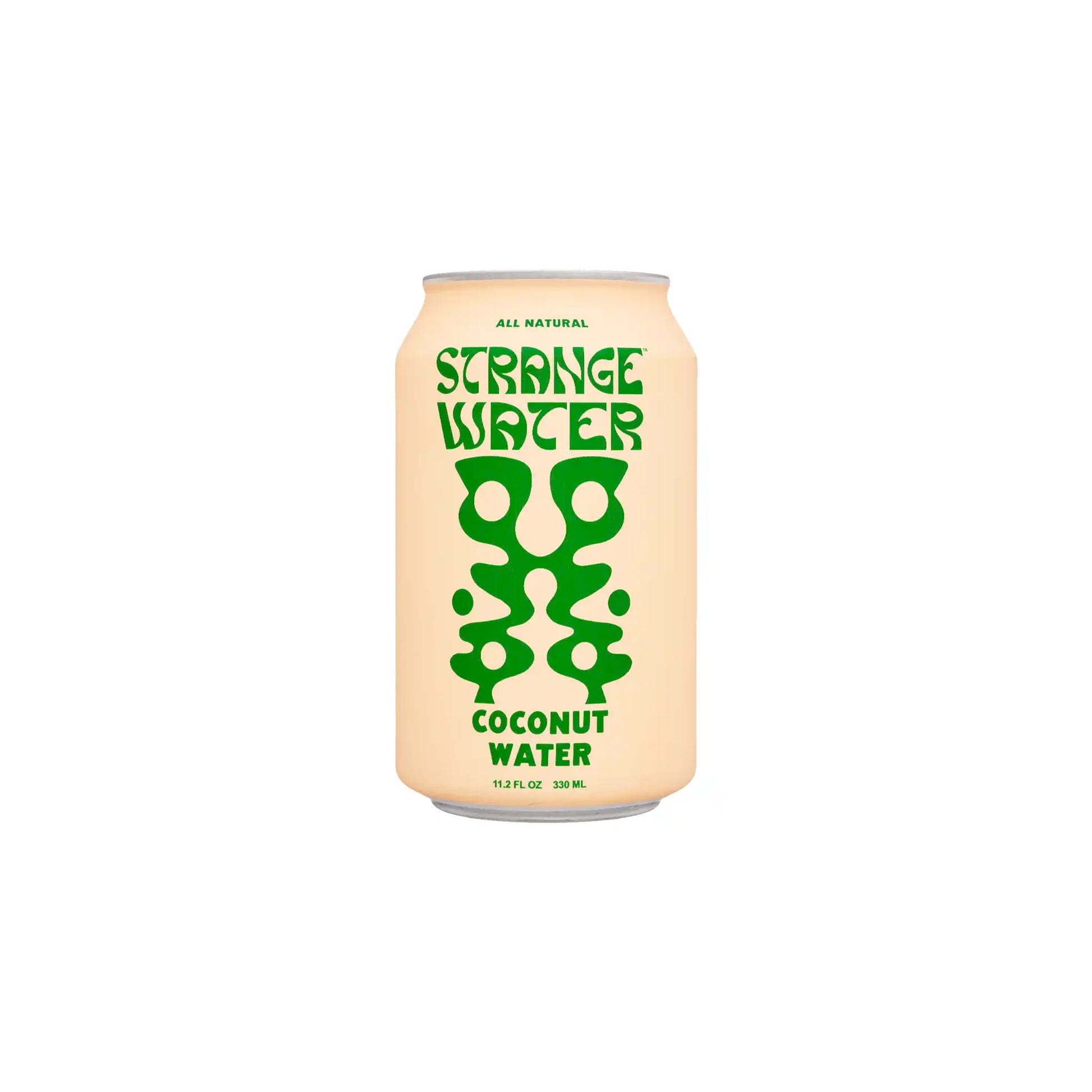 Strange Water all-natural still coconut water in a beige can with bold green graphics, 330ml.