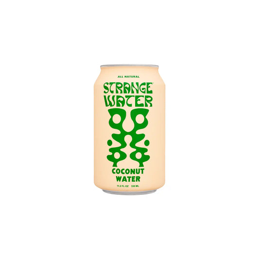 Strange Water all-natural still coconut water in a beige can with bold green graphics, 330ml.