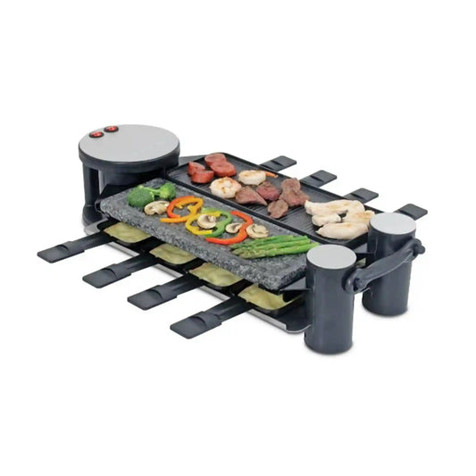 SWISMAR SWIVEL HOT STONE AND ALUMINUM NON STICK GRILL PLATE 8 PERSON PIVOTTING RACLETTE SET