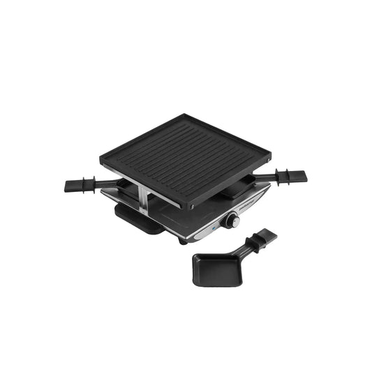 Swissmar Geneva 4-person cast aluminum raclette grill set in black with a non-stick grill top and individual pan.