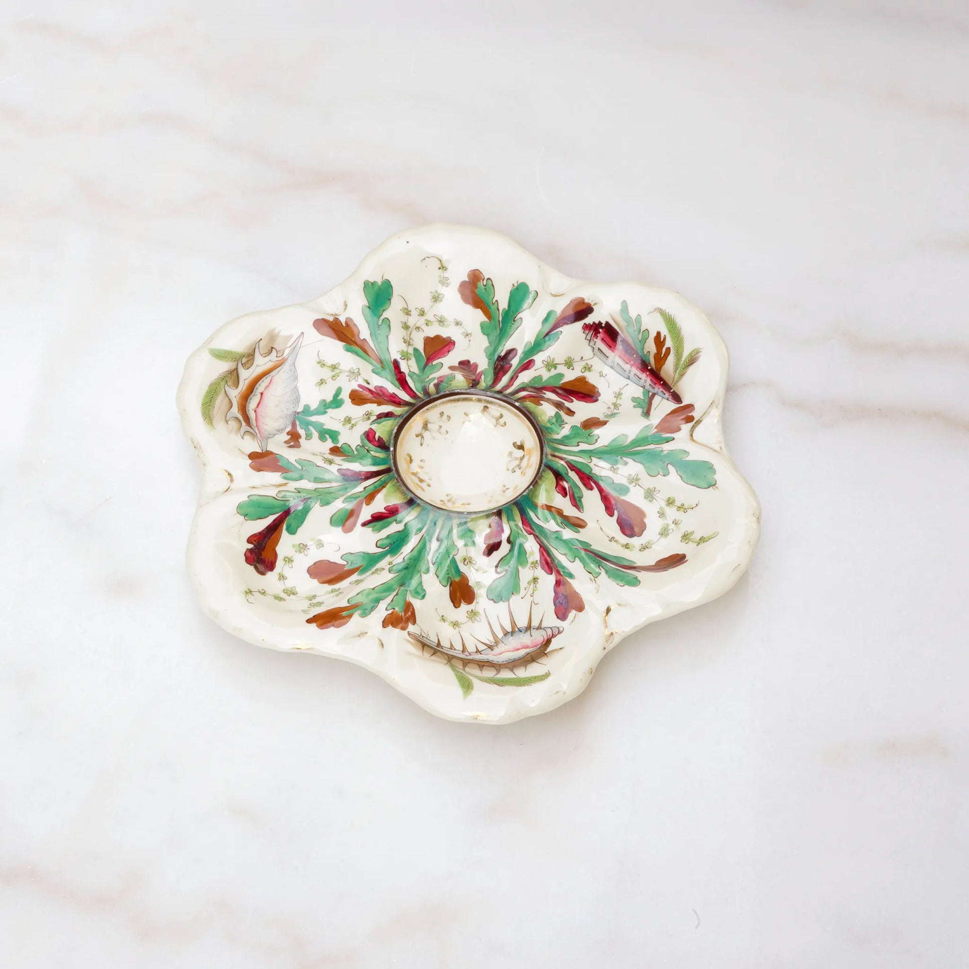Limoges oyster plate decorated with painted shells and seaweed