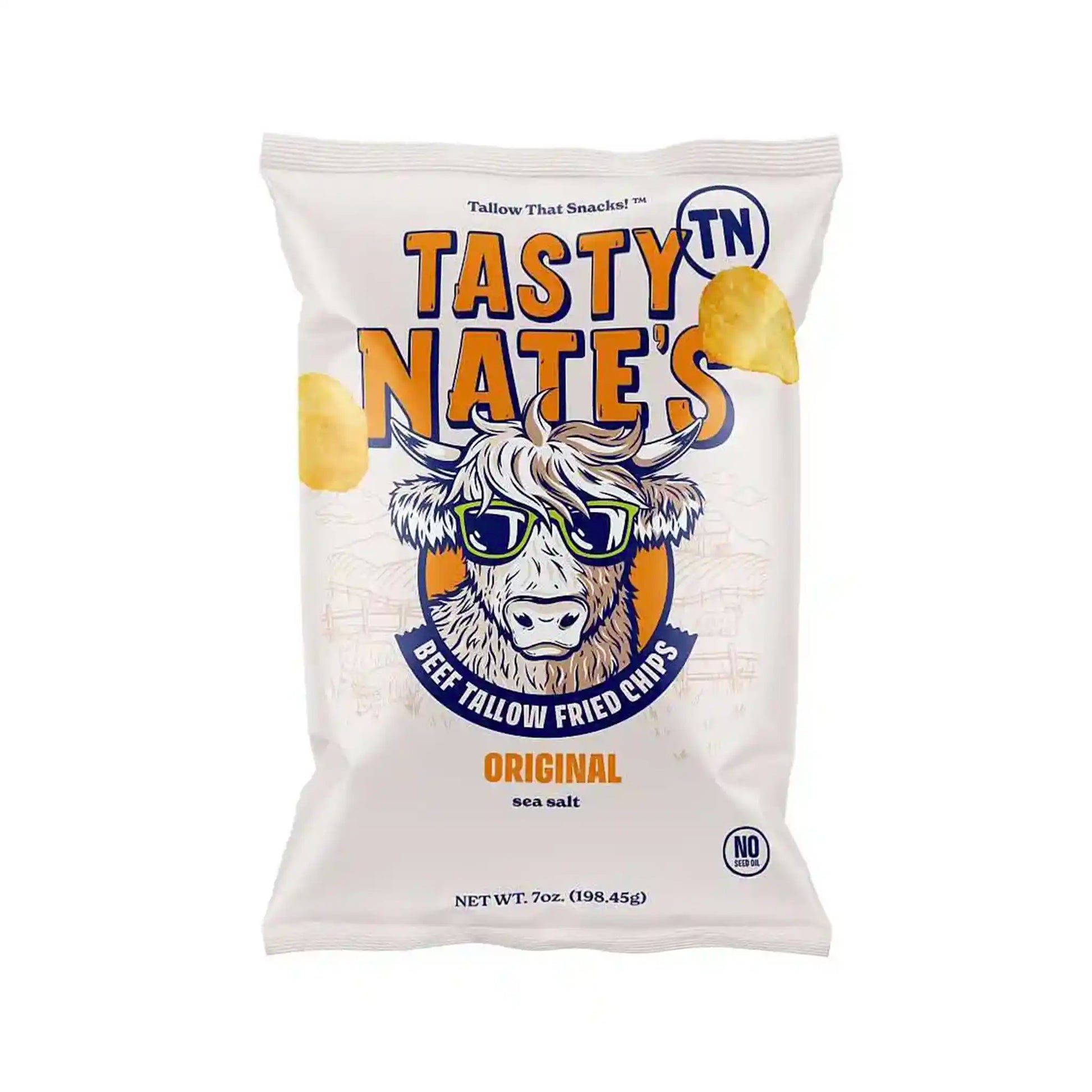 Tasty Nate's beef tallow fried chips with sea salt, original flavor, 7oz bag.