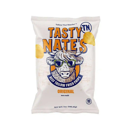 Tasty Nate's beef tallow fried chips with sea salt, original flavor, 7oz bag.