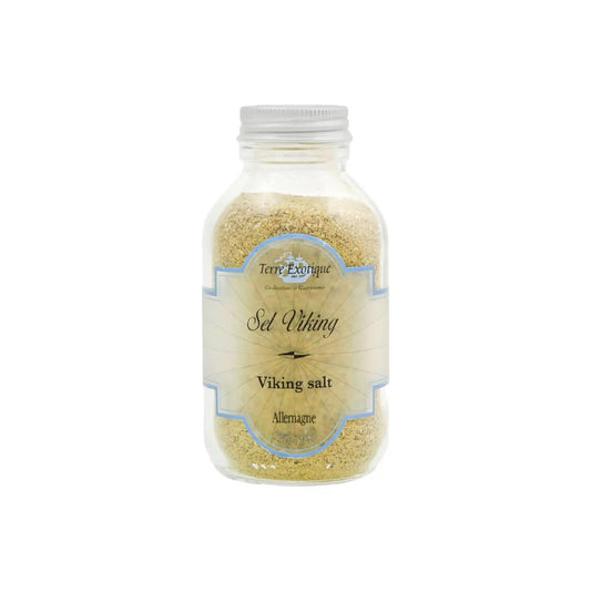 Terre Exotique Viking Salt 7.9oz glass jar with smoked salt from Germany on a white background.