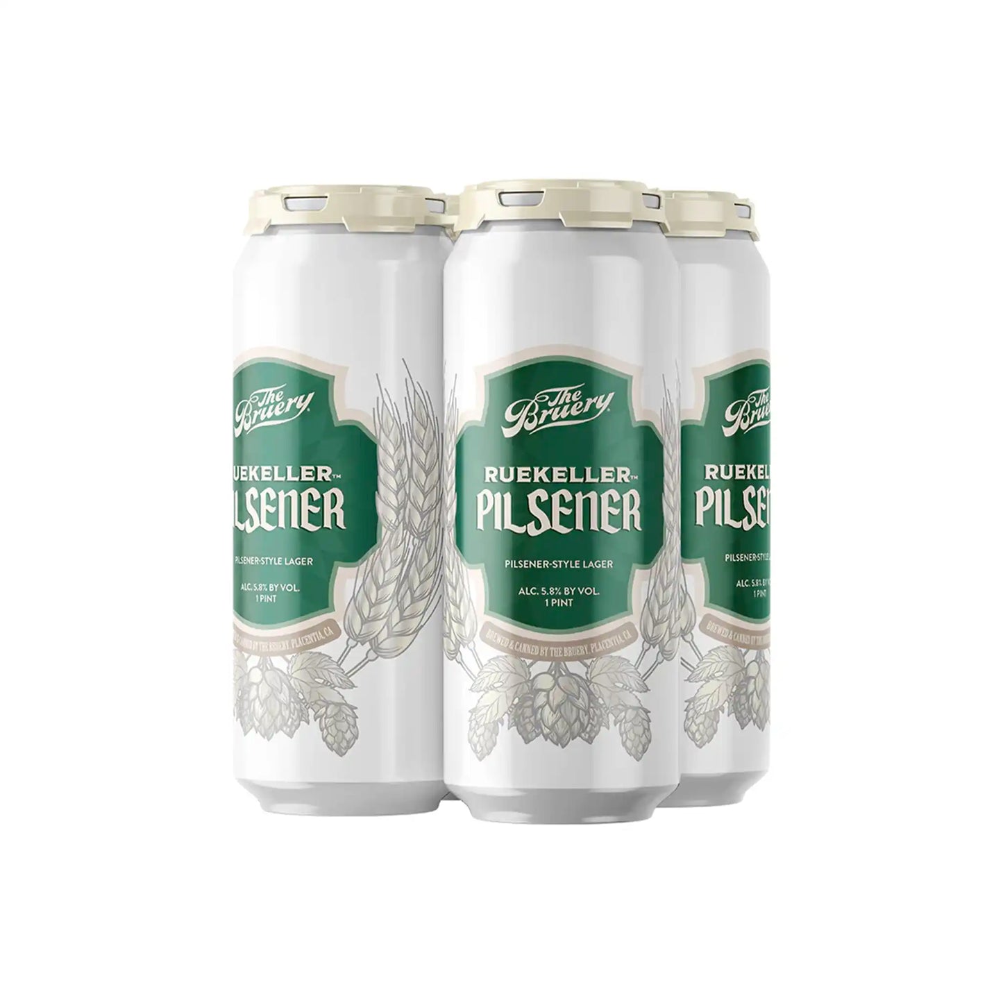 The Bruery Ruekeller pilsener lager 4-pack of 16oz cans with green hop and wheat label design, 5.8% ABV.