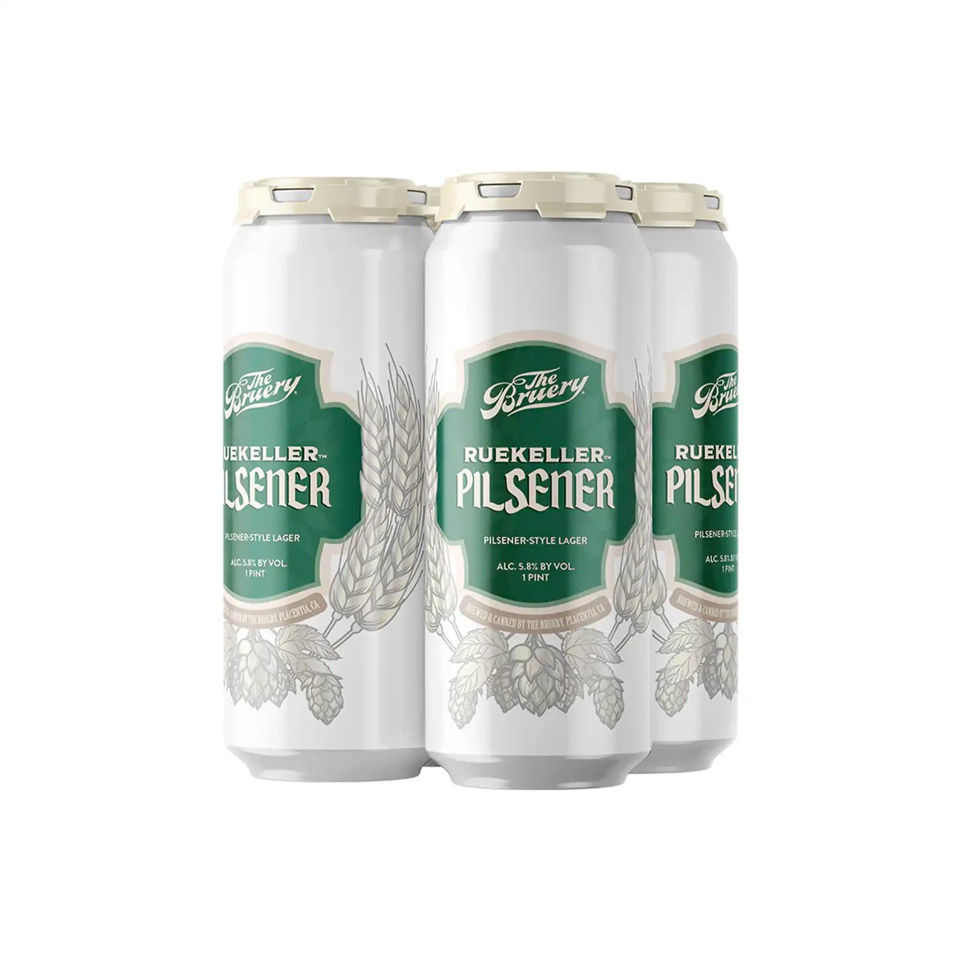 The Bruery Ruekeller pilsener lager 4-pack of 16oz cans with green hop and wheat label design, 5.8% ABV.