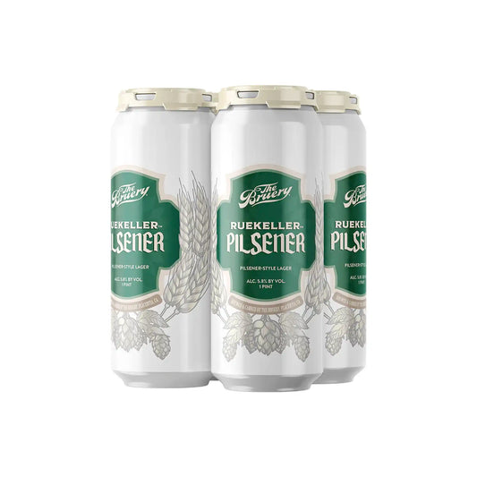 The Bruery Ruekeller pilsener lager 4-pack of 16oz cans with green hop and wheat label design, 5.8% ABV.