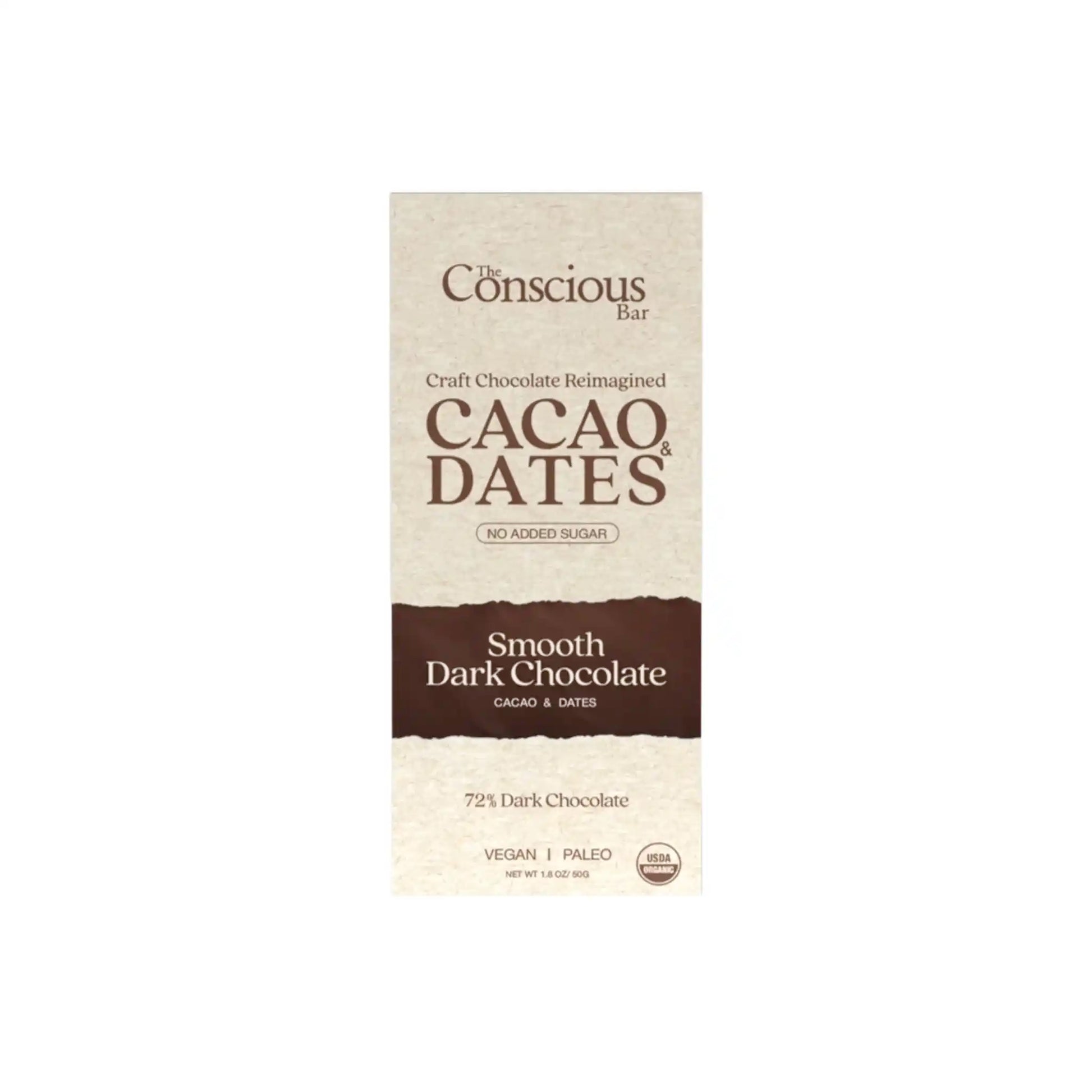 The Conscious Bar smooth 72% dark chocolate bar with cacao and dates, no added sugar, vegan and paleo, 50g.
