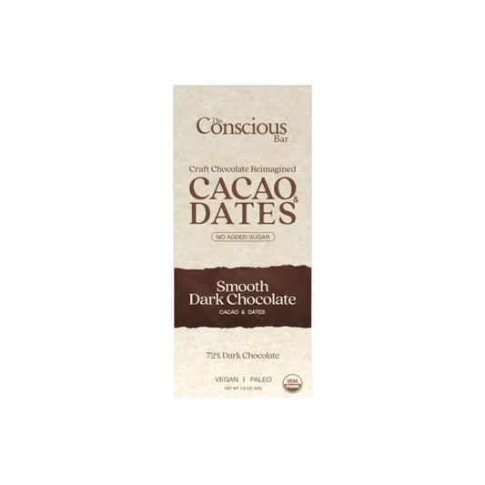 The Conscious Bar smooth 72% dark chocolate bar with cacao and dates, no added sugar, vegan and paleo, 50g.