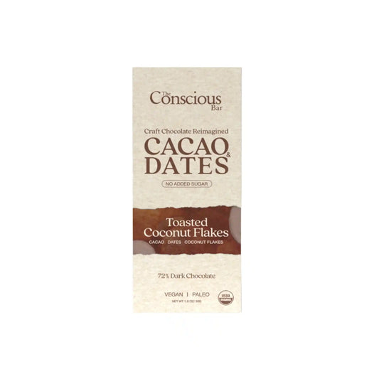 The Conscious Bar 72% dark chocolate bar with toasted coconut flakes, cacao and dates, vegan and paleo, 50g.