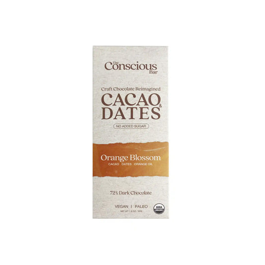The Conscious Bar 72% dark chocolate bar with orange blossom, cacao and dates, vegan and paleo, 2.3oz.