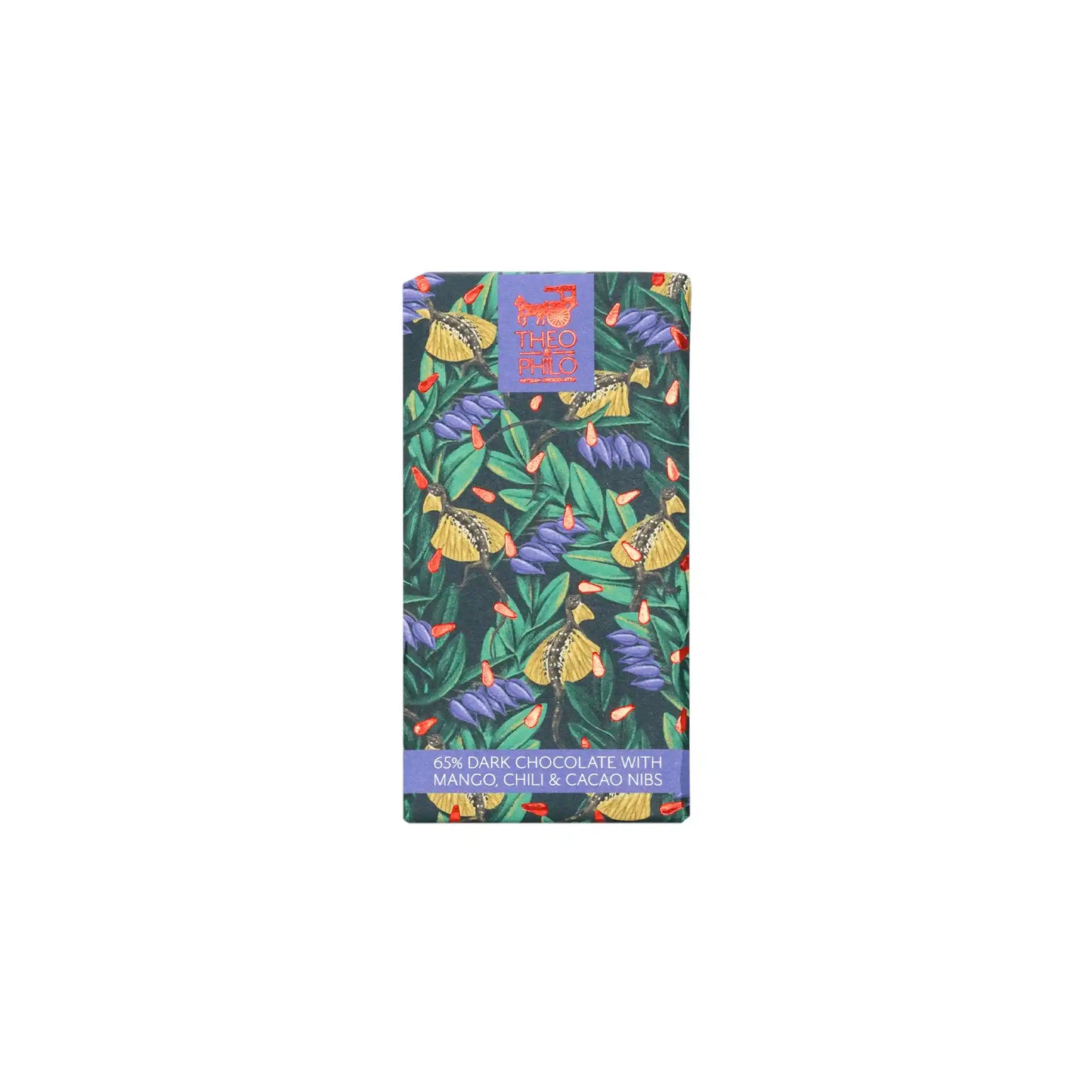 THEO & PHILO 65% DARK CHOCOLATE WITH MANGO, CHILI & CACAO NIBS 45g
