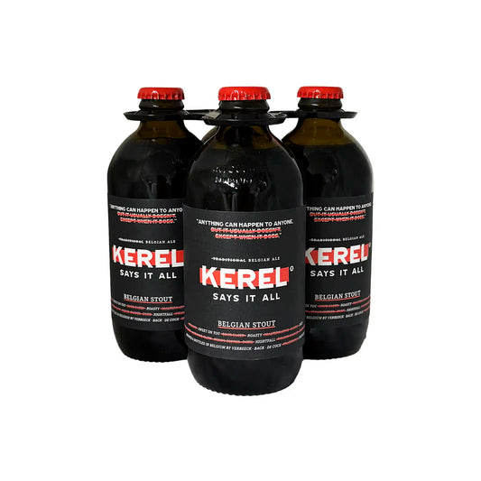 Kerel Belgian stout 4-pack of 11.2oz bottles with bold red and black labels, traditional Belgian ale.