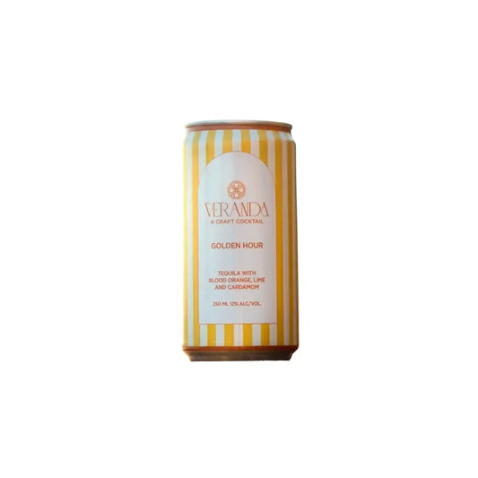 Veranda Golden Hour craft cocktail 250ml can with yellow and white striped design, tequila with blood orange, lime, and cardamom.