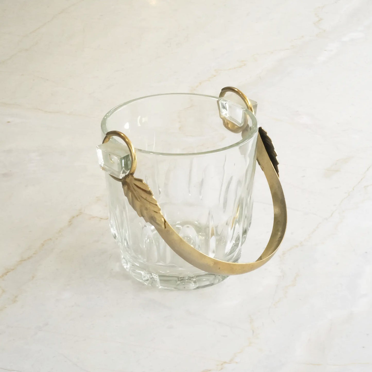 VINTAGE ICE BUCKET WITH LEAF HANDLE - GLASS