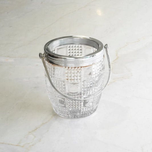 VINTAGE ICE BUCKET WITH STAINLESS HANDLE - CHECKERED GLASS