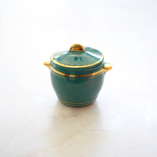 VINTAGE MINI MUSTARD POT GREEN WITH GOLD TRIM