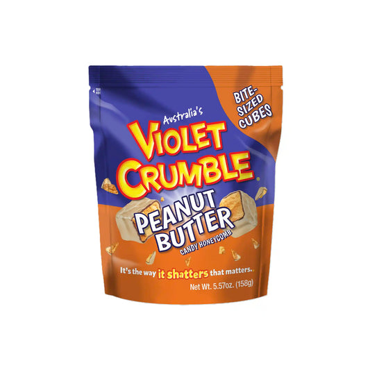 Violet Crumble peanut butter candy honeycomb bite-sized cubes in a purple and orange 170g bag.