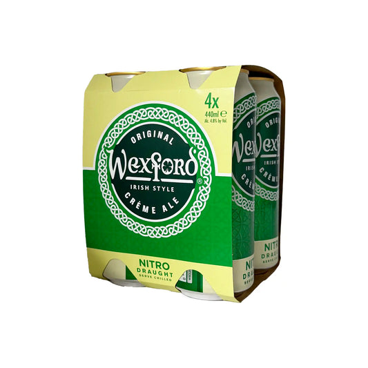 Wexford Irish style creme ale nitro draught 4-pack of 440ml cans in green and yellow Celtic-design packaging.