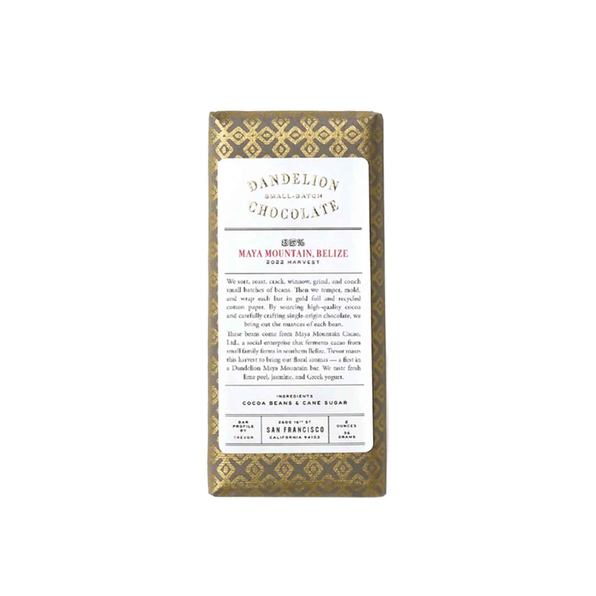 DANDELION MAYA MOUNTAIN BELIZE 85% DARK CHOCOLATE 2oz – monsieur