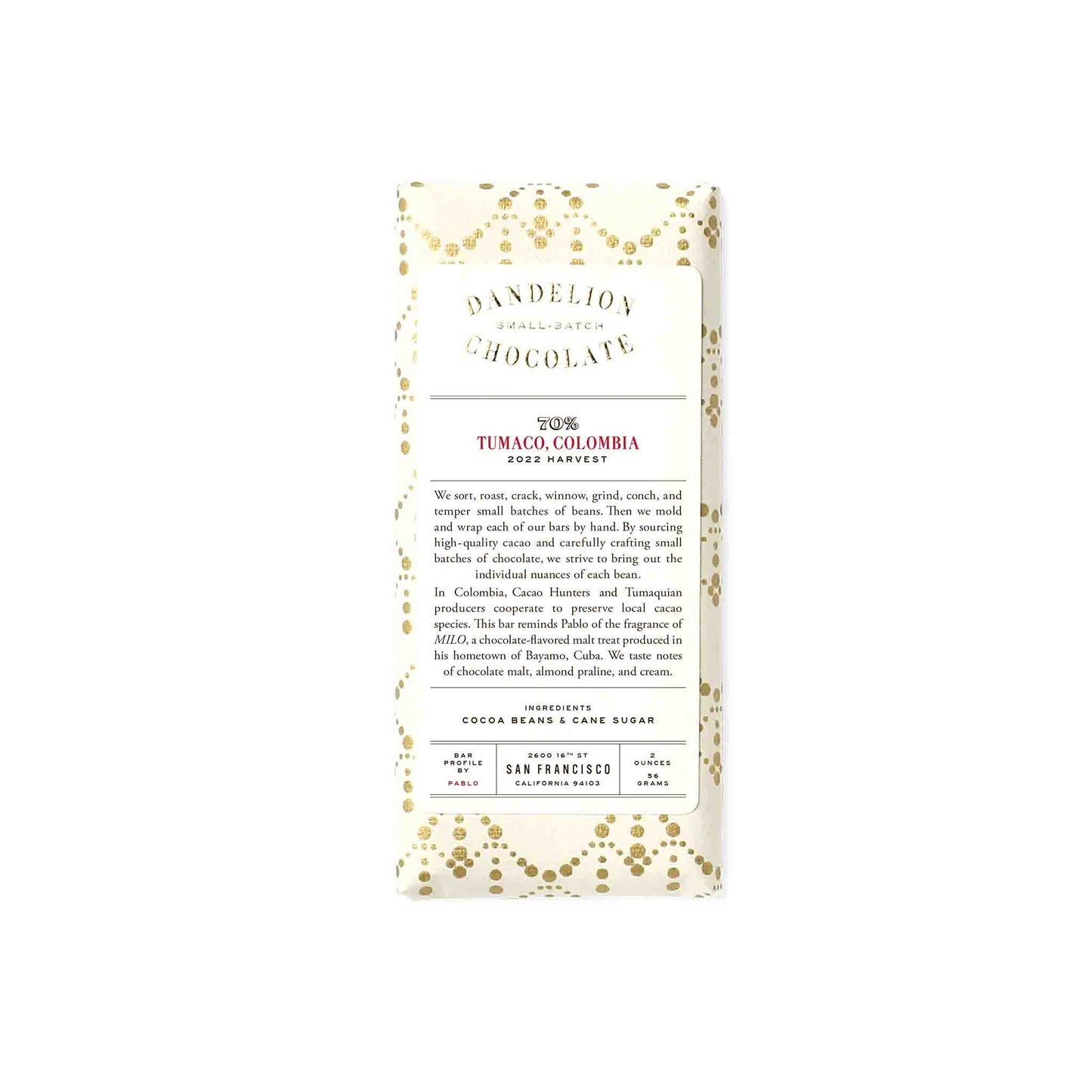 DANDELION TUMACO, COLOMBIA 70% DARK CHOCOLATE 2oz