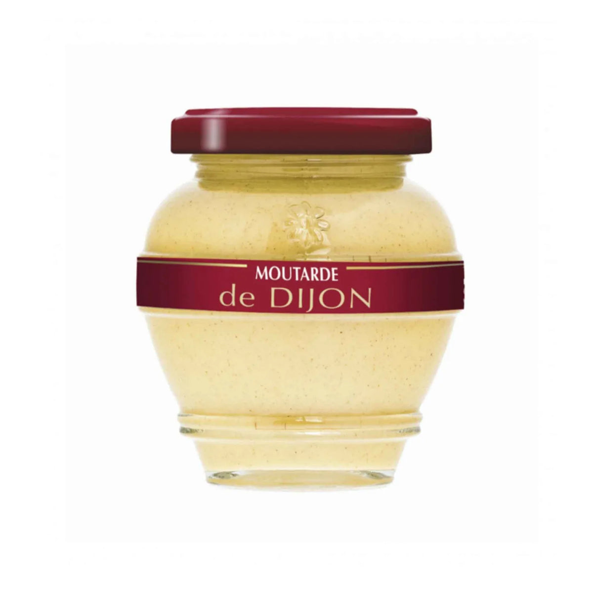 Domaine des Terres Rouges Dijon mustard in a rounded glass jar with red lid.