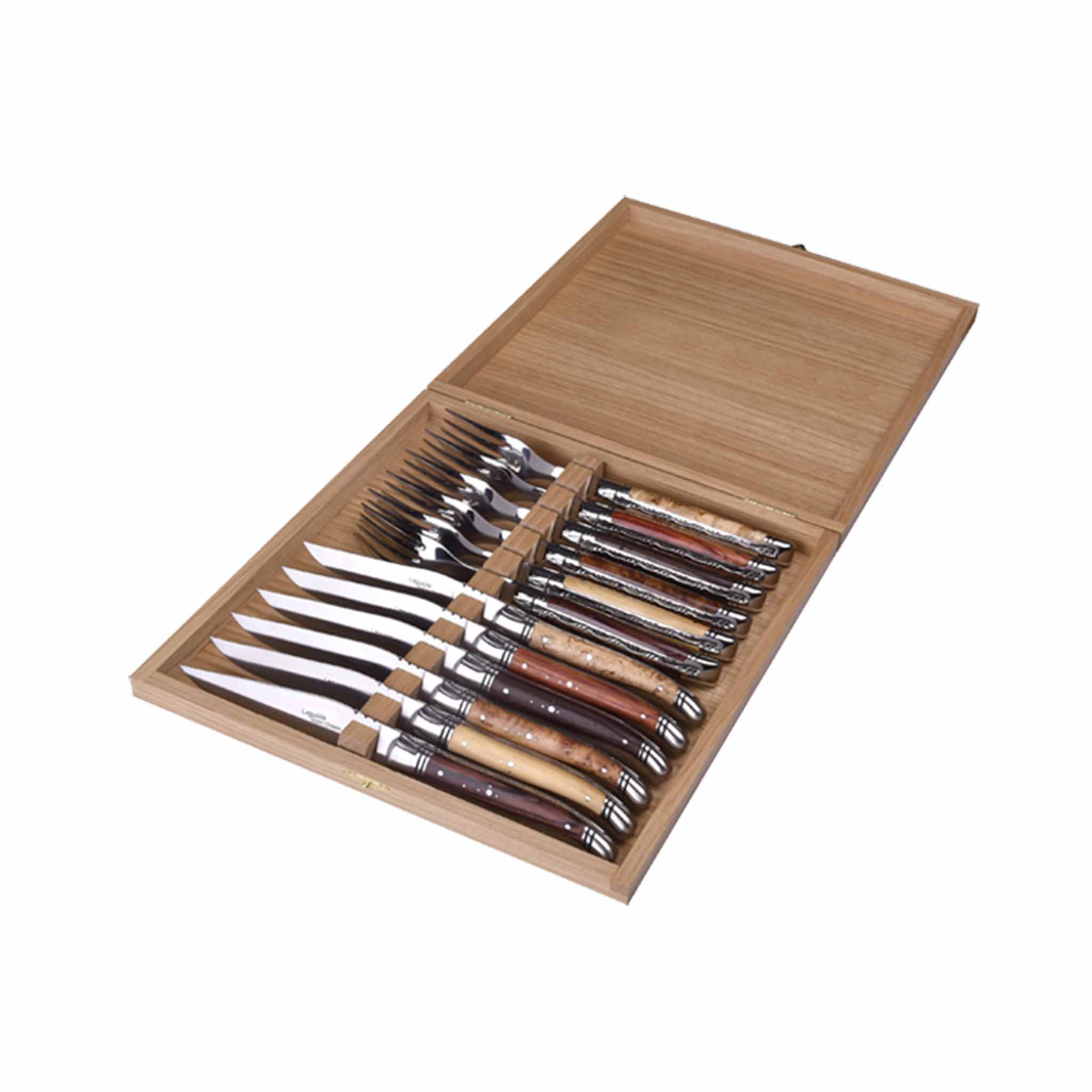 GOYON CHAZEAU 12 PIECE LAGUIOLE PRESTIGE MIXED WOOD KNIFE & FORK