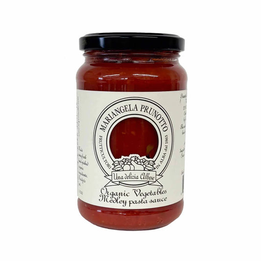 Mariangela Prunotto organic vegetable medley pasta sauce in a 340g glass jar with black lid.