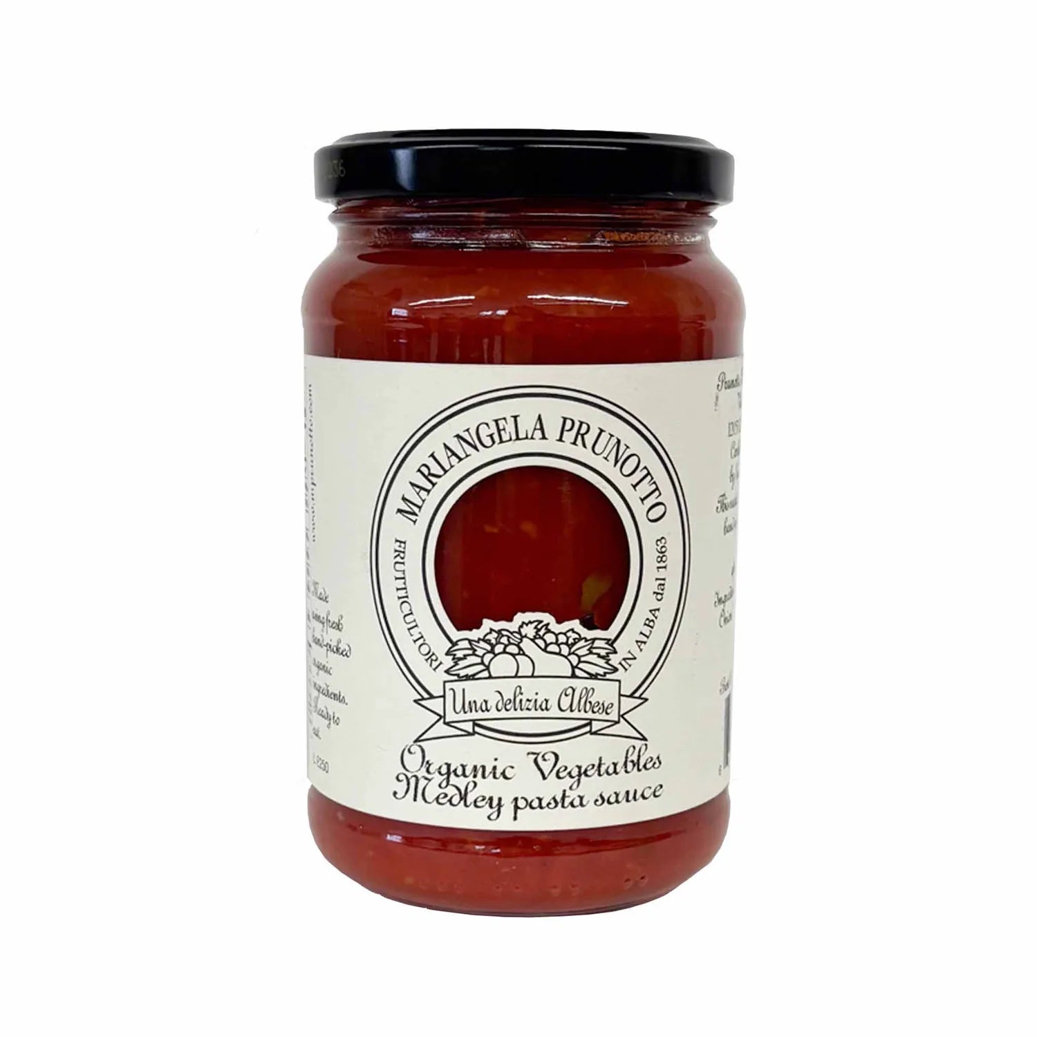 Mariangela Prunotto organic vegetable medley pasta sauce in a 340g glass jar with black lid.