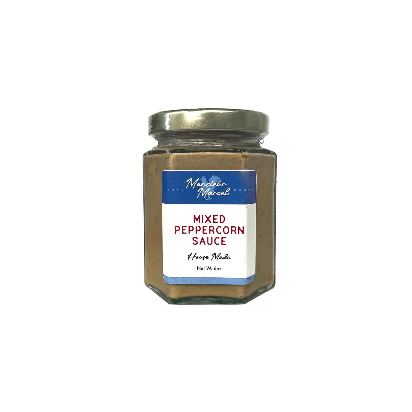 Monsieur Marcel house-made mixed peppercorn sauce in a 6oz glass jar with blue label.